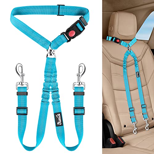 Lukovee Double Dog Seat Belt, New Dual Pet Car Headrest Restraint Safety Seatbelt No Tangle Dog Leash Duty Adjust Elastic Bungee Puppy Lead Splitter Connect Harness in Vehicle Travel for 2 Dogs (TBL) - color: Light Blue