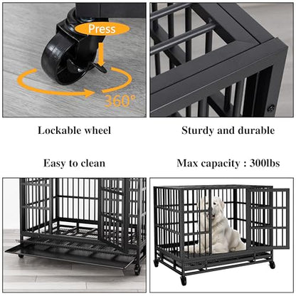 JY QAQA 48/38 Inch Heavy Duty Indestructible Dog Crate Double Doors Escape Proof Cage Kennel,Enhanced Metal Pet Cage,Extra Large XL XXL Crate Indoor for Large Dog with Removable Tray,Lockable Wheels - size: 48.8"x 29.9"x 35.6"(XL)