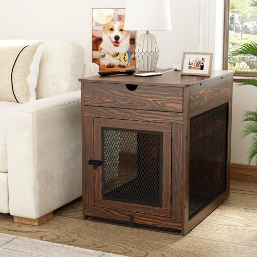 Dog Crate Furniture,Wooden Dog Crate End Table with Storage Drawer&Cushion&Tray, QC3.0 Wireless Charging,Dual USB,Medium Dogs Rustic Style - color: Rustic Brown, size: 28.5"L x 21.5"W x 30.5"H