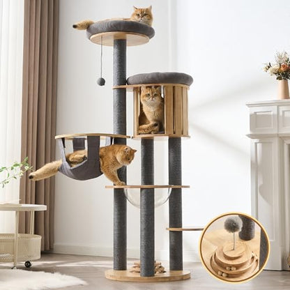 Modern Cat Tree Tower with Scratching Post, 61.5in Tall Cat Tree for Indoor Cats, Multi-Level Solid Wood Cat Furniture with Cozy Cat Beds, Cat Condo, Hammock, Capsule Nest, Turntable Toy, Gray - color: 61.5"-V-Gray