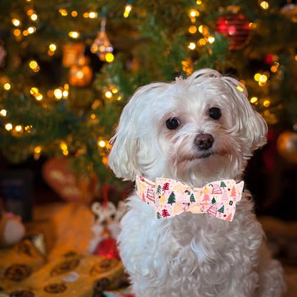 Elegant little tail Christmas Dog Collar, Christmas Tree Pet Collars Bow Pink Metal Buckle Collar Puppy Girl Boy Holiday Cotton Soft Bowtie Adjustable Dog Collar for X-Small Dogs - color: Pink Christmas Tree, size: X-Small (Pack of 1)