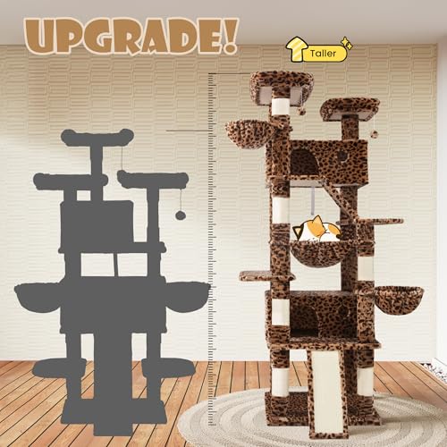 SHA CERLIN 81in Multi-Level Tall Cat Tree Tower for Indoor Kitties/Larger Cat Condo Furniture with Hammock/Cozy Pussycat Perches/Sisal Scratching Posts/Pet House/Wide Base/Leopard Print - color: Leopard Print
