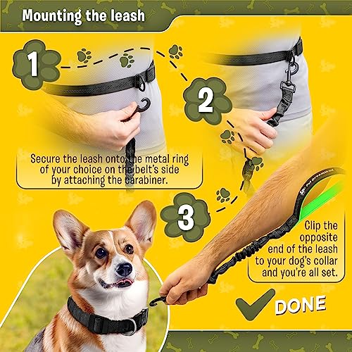 Exquisite Hands-Free Leash for Medium Dogs: Ultimate Comfort & Freedom for Running, Walking, Hiking. Premium Quality, Durable & Versatile Waist Dog Leash Belt. Your Dog Will Love It - color: Black & Green