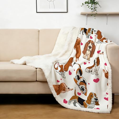 BlessLiving Basset Hound Blanket 60x80 Inches with Red Hearts, 3D Animal Print Plush & Sherpa Dual Sided Throw - Ultra Warm Soft Fleece Blanket for Adults, Kids, Pet Lovers, Cute Dog Gift - color: Basset Hound, size: Twin, 60 x 80 Inches