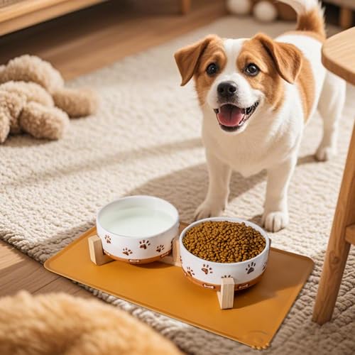 Ceramic Dog Bowls, 3.5 Cups Dog Food and Water Bowl Set for Medium Dogs with Wooden Stand and Non-Slip Silicone Food Mat, Weighted Embossed Cute Puppy Bowls Feeding Dishes Set of 2, 32 OZ - size: 4 .0 Cups