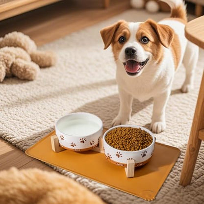 Ceramic Dog Bowls, 3.5 Cups Dog Food and Water Bowl Set for Medium Dogs with Wooden Stand and Non-Slip Silicone Food Mat, Weighted Embossed Cute Puppy Bowls Feeding Dishes Set of 2, 32 OZ - size: 4 .0 Cups