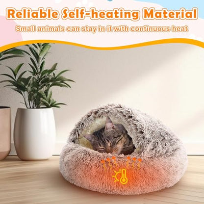 Cinnvoice 2 Pcs Self Warming Cat Beds with Hood, Self Heating Dog Cave Bed, Fluffy Round Covered Pet Pad, Plush Hooded Pet Beds with Non-Slip Bottom for Indoor Cat or Small Middle Dog(Coffee,20 in) - size: 20 In