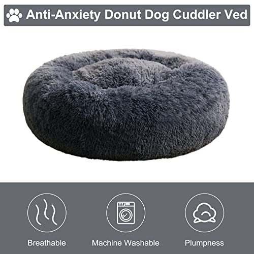 WNPETHOME Calming Dog & Cat Bed, Anti-Anxiety Donut Bed, Fluffy Faux Fur Cushion for Small Dogs and Cats (24 x 24 x 8 Inch, Navy Grey) - color: Navy Grey, size: 24"L x 24"W x 8"Th