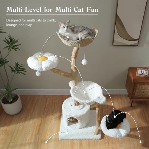MUTTROS 59" Modern Cat Tree Tower for Large Cats w/2 Flower Perches-Natural Solid Wood Scratching Post with Real Branch-Luxury Boho Cat Furniture w/Condo & Wicker Basket Bed, Cloud White - color: Cloud White, size: 59" Solid Wood Cat Tree