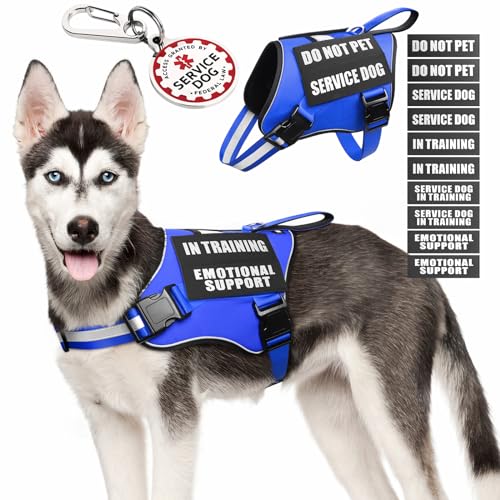 Service Dog Vest Harness+ID Tag+10 Patches,Metal Serivce Dog Tag&Reflective Emotional Support Dog Vest with Handle for Medium Dogs,Easy Put On/Off for Training/Walking/Everyday Blue M - color: Blue, size: M