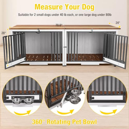 Aivituvin Dog Crate Furniture Foldable Side End Table Expandable Solid Wood Dog Kennel with 360° Rotatable Dog Bowls Indoor Cage, No Assembly Needed (Double Crate)