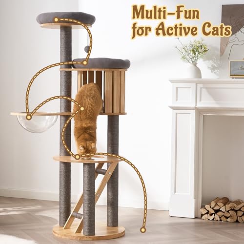 Modern Cat Tree Tower with Scratching Post, 61.5in Tall Cat Tree for Indoor Cats, Multi-Level Solid Wood Cat Furniture with Ladder, Cozy Cat Beds, Cat Condo, Capsule Nest, Dangling Toy, Gray - color: 61.5"Gray