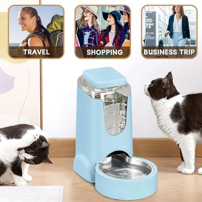 Portable Automatic Cat Feeder and Water Dispenser with Stainless Steel Bowl Dog Gravity Food Feeder and Waterer for Small Medium Pets Puppy Kitten 1 Gallon x 2 (Light Blue（3.8L*2）) - color: Light Blue（3.8L*2）
