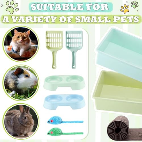 9 Pcs Kitten Litter Box Starter Kit, 2 Plastic Small Cat Litter Box with 2 Scooper, 2 Double Dish Feeding Bowl 2 Mouse Toy and Large Mat for Kitten Indoor
