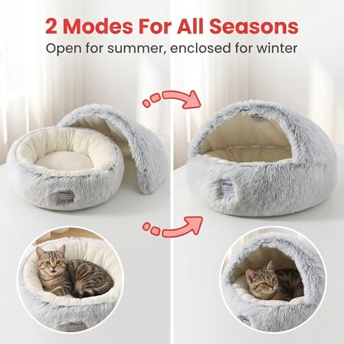 Hooded Dog Bed, Cat Cave Bed with Removable Hood, 2-in-1 Convertible Donut Cat Bed, All Season Fluffy Pet Bed for Cats Small Dogs (Cave Nest - Grey, Large Size 23.6 in) - color: Cave bed - Grey, size: 23.6 in Large size