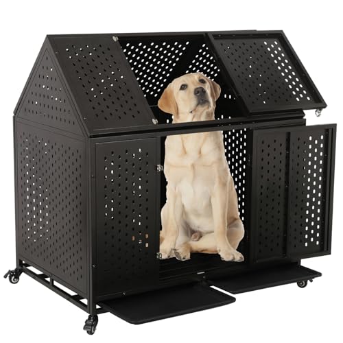 44 inch Heavy Duty Indestructible Dog Crate, Steel Escape Proof Chewproof Impact Double Door Dog Kennel for Large Medim Dogs with Wheels and Trays, High Anxiety Large Dog Cage, XL - size: 43.3"L x 29.5"W x 46.1"H