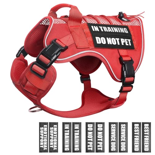 WINSEE Service Dog in Training Mesh Harness with 10 Pet Patches, Soft Air Mesh Breathable Tactical Dog Molle Vest, Reflective Military Pet Vest for Walking Hiking for Large Dogs - color: Red, size: Large