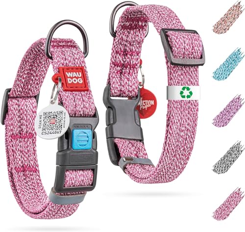 WAUDOG Reflective Cotton Dog Collar Eco-Friendly Alt to Nylon Collar for Small Medium Large Dogs - Adjustable Male Female Dog Collar Pet Collar with QR ID Tag - Collar for Large Breed Dogs and Puppy - color: Pink, size: 12" - 19" Neck * 1" Wide