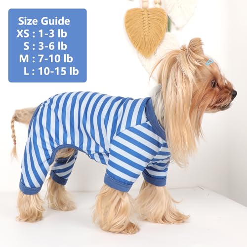 Dog Pajamas Pjs Stretchable Strip Dog Jumpsuit 4 Legs Pjs for Summer Dog Clothes Puppy Onesies Doggie Outfit (Blue, Small (Chest 13in)) - color: Blue, size: Small (Chest 13in )