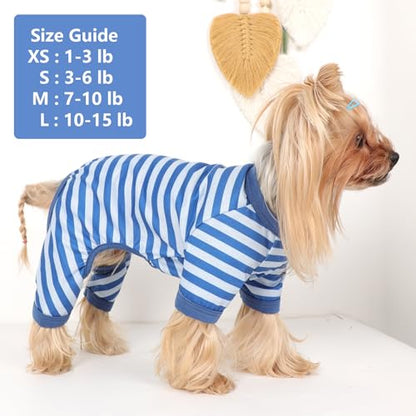 Dog Pajamas Pjs Stretchable Strip Dog Jumpsuit 4 Legs Pjs for Summer Dog Clothes Puppy Onesies Doggie Outfit (Blue, Small (Chest 13in)) - color: Blue, size: Small (Chest 13in )