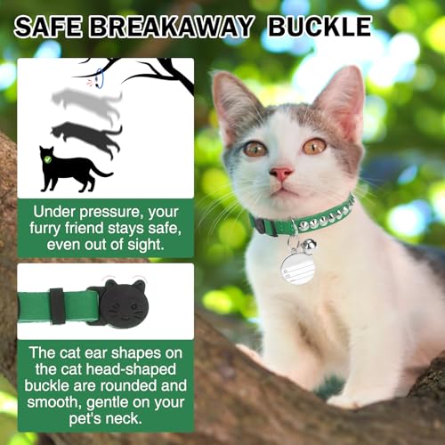 Leather Personalized Breakaway Cat Collar with Studded Bell and Safety Quick Release Buckle - Rivets Studded ID DIY Collars for Boy Girl Cats Kittens, 9" - 11.5" Green - color: Green, size: 9"-11.5"