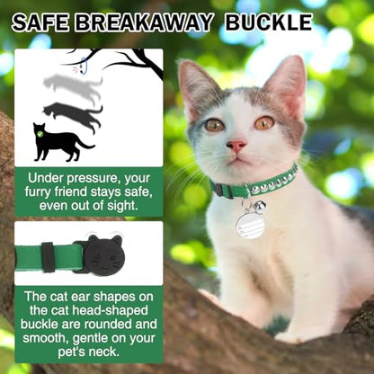 Leather Personalized Breakaway Cat Collar with Studded Bell and Safety Quick Release Buckle - Rivets Studded ID DIY Collars for Boy Girl Cats Kittens, 9" - 11.5" Green - color: Green, size: 9"-11.5"