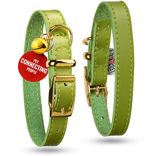 WAUDOG Leather Cat Collar with Removable Bell and QR ID Tag for Small, Medium and Large Breeds Adjustable Long Lasting Classic Kitten Collars Boy & Girl - color: Green, size: 6" - 8"