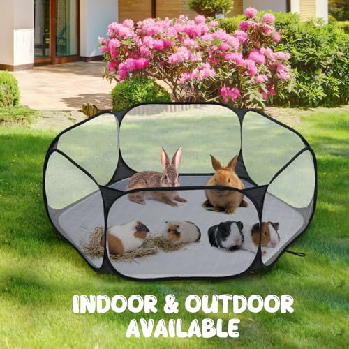 Pawaboo Small Animals Playpen with Pad, Waterproof Small Pet Cage Tent with Reusable Pad, Portable Outdoor Yard Fence for Chick/Kitten/Puppy/Guinea Pig/Rabbits/Chinchillas, Black/Gray - color: Black/Gray