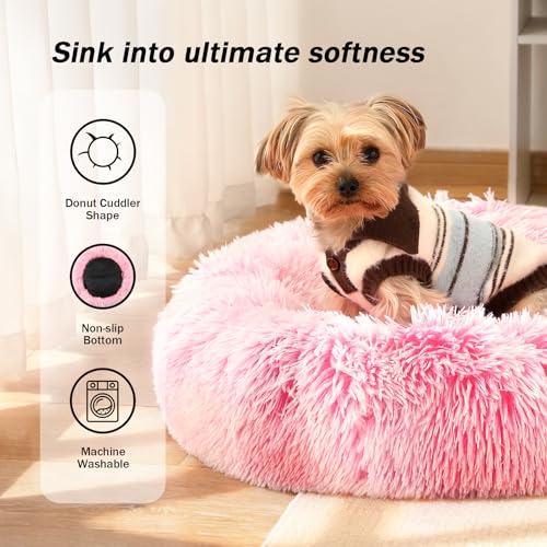 Calming Donut Dog Bed for Small to Medium Dogs & Cats - Plush Faux Fur Anti-Anxiety Pet Bed with Machine Washable Cover & Non-Slip Base - color: Gradient Pink, size: X-Small 15.7''