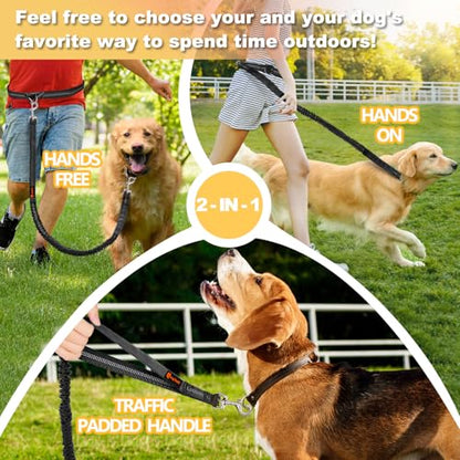 Laqibak Hands Free Dog Leash, Adjustable Waist Leash for Dog Walking, Dual Bungee 4.2-6.7 Feet Long with Reflective Stitches for Walking Hiking Running, Fits 26"- 43" Inch Waist, Black - color: Black