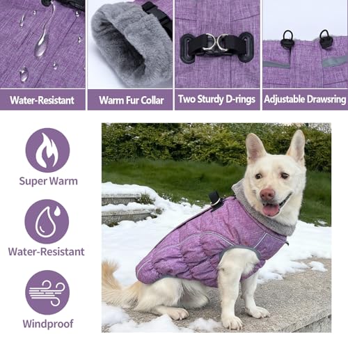 Dog Coat, Reflective Dog Jacket Waterproof Windproof Puppy Cold Weather Coats with Harness Built in, Winter Extra Warm Pet Coat Fleece Vest for Small Large Pets and Puppy (Purple, Medium)