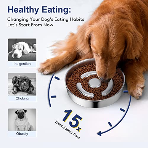 AIPERRO Stainless Steel Non Slip Slow Feeder Dog Bowl, 4 Cups Metal Dog Food Bowls for Medium and Large Dogs, Fun Bloat Stop Pet Bowl Dogs Water Bowl for Fast Eaters, Slows Down Pets Eating - size: 4 Cups/ 2.0" Deep (Max 6Cups)