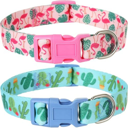 Spring Summer Dog Collar 2 Pack, Flamingos Cactus Print Hawaiian Dog Collar for Small Boy Girl Dogs - color: Summer, size: S