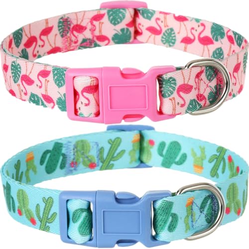 Spring Summer Dog Collar 2 Pack, Flamingos Cactus Print Hawaiian Dog Collar for Small Boy Girl Dogs - color: Summer, size: S