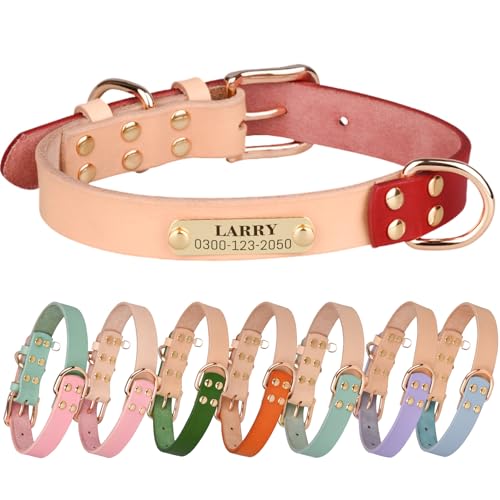 Personalized Dog Collar with Nameplate – Genuine Leather, Engraved Pet ID Tag with Phone Number – Adjustable Custom Dog Collar for Small, Medium & Large Dogs, Durable Cowhide Collar - color: Red, size: XS: 8-11"(Fit -9 lb)
