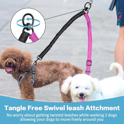 YAODHAOD Double Dog Leash,Two Dog Leash Splitter, No Tangle 360° Swivel Rotation Reflective Lead, Adjustable Length Bungee Heavy Duty Walking Training Dual Extension (Black + Rose red) - color: Black + Rose red