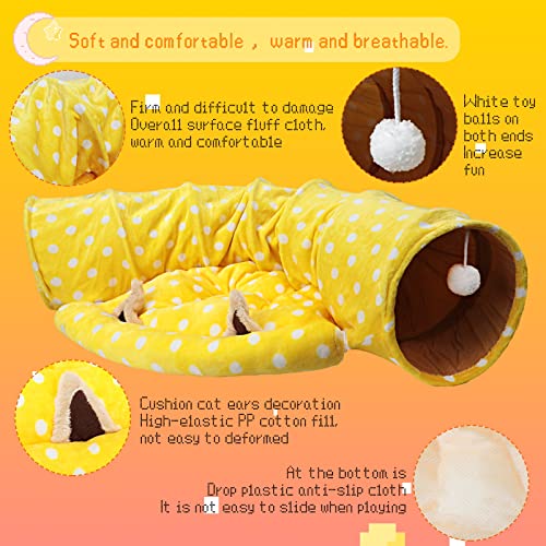 BWOGUE Bunny Tunnel Bed, 2-in-1 Collapsible Tunnel Tubes Toys with Removable Mat Hideout for Cats Kittens Rabbits Guinea Pigs Kitty - color: Yellow