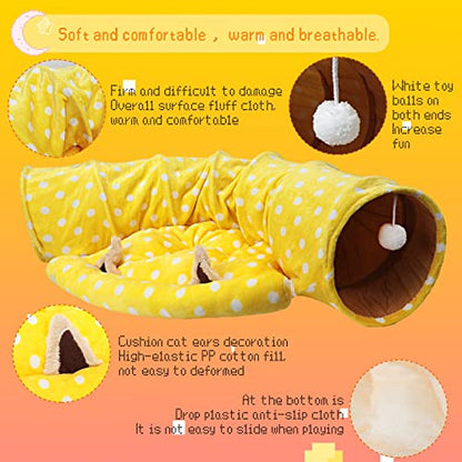 BWOGUE Bunny Tunnel Bed, 2-in-1 Collapsible Tunnel Tubes Toys with Removable Mat Hideout for Cats Kittens Rabbits Guinea Pigs Kitty - color: Yellow
