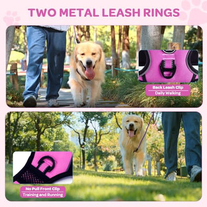 Plaid Dog Harness for Large Dogs, Reflective No Pull Adjustable Pet Vest with Front Clip, Leash, Easy Control Handle and Seat Belt, Rose, L - color: Rose, size: Large