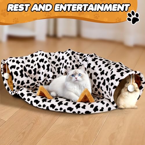 Spardar Bunny Tunnel Bed, 2-in-1 Collapsible Tunnel Tubes Toys, Washable, with Removable Mat Hideout, Interactive Toys for Rabbits Chinchilla Hedgehog Guinea Pigs Kitty, Cow - color: Cow