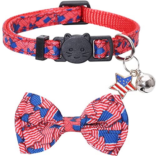 American Flag Cat Collar with Bell Bow Tie Star Breakaway Adjustable for 4th of July Independence Day - color: 3PCS