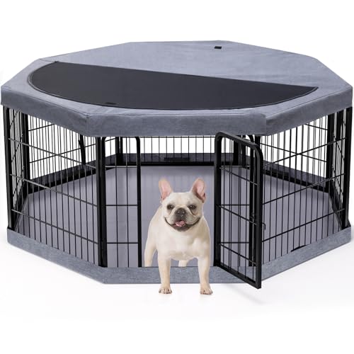 PETIME Dog Playpen,Metal Exercise Puppy Pen Heavy Duty Kennels Yard Fence Indoor/Outdoor 22" W x 24" H 8 Panels Dog Cage with Octagon Top Cover and Bottom Pad - size: 24"H, style: Playpen+Octagon Top+Bottom