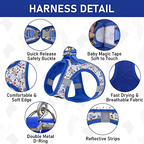 Small Dog Harness Collar and Leash Set, Step in No Chock No Pull Soft Mesh Adjustable Dog Vest Harnesses Plaid Reflective for Dogs Puppy Cats Kitten Rabbit (Blue Flower, XS) - color: Blue Flower, size: XS