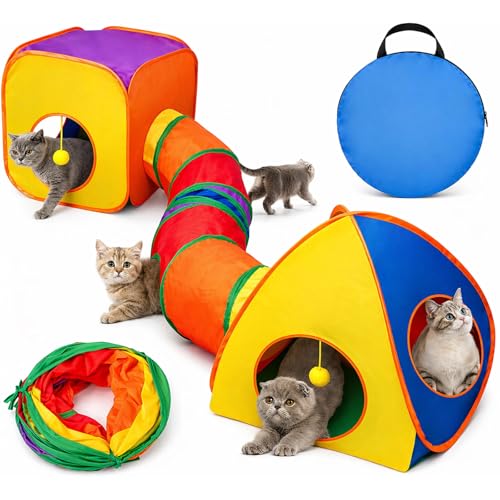 Rypet Cat Tunnels for Indoor Cats with Cube Tent Toys Combo Pop Up Collapsible Crinkle Interactive Peek Hole Cat Tube with Play Ball and Bell for Kitten, Puppy, Kitty, Rabbit - color: Rainbow