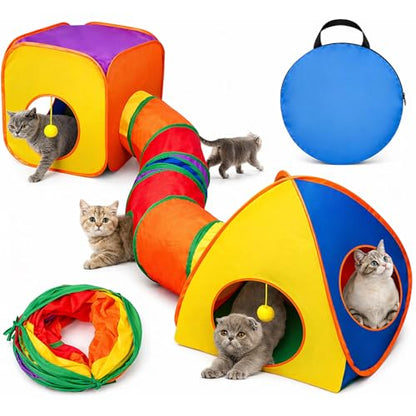 Rypet Cat Tunnels for Indoor Cats with Cube Tent Toys Combo Pop Up Collapsible Crinkle Interactive Peek Hole Cat Tube with Play Ball and Bell for Kitten, Puppy, Kitty, Rabbit - color: Rainbow