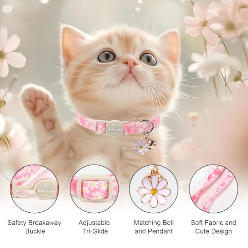 2 Pack Pink Cat Collars - Cute Bow & Daisy Breakaway Cat Collar with Bell & Matching Pendant, Soft Adjustable Spring Summer Girly Kitten Collars for Girl Cats - color: Pink Bow&Daisy