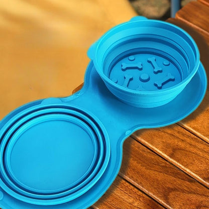 Silicone Collapsible Dog Bowl with Carabiner Clip, 2-in-1 Foldable Double Pet Food & Water Travel Bowl, Portable No-Spill Design for Walking Hiking Camping (Gray)