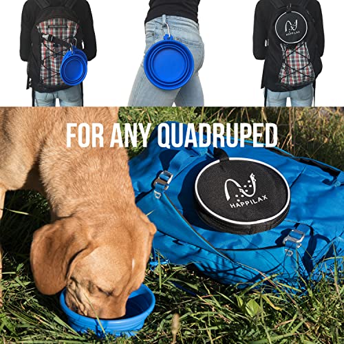 Travel Dog Bowl Set - 2 Foldable Silicone Food and Water Bowls with Carabiners and Bag - Collapsible Feeding Bowls for Wet and Dry Food - 680ml Capacity - Available in Black and Blue