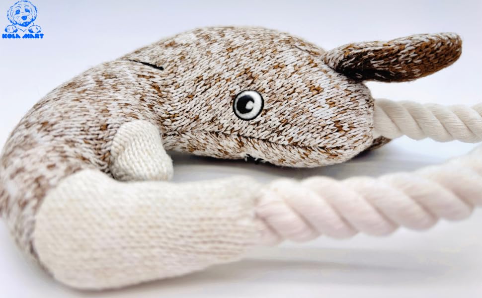 Rustic Knit Horned Tugger Dog Toy - Plush & Rope Tug Toy for Dogs | Knitted Chew Toy with Hemp Rope Loop | Safe Embroidered Eyes | Tug of War Fetch Toy for Small Medium Dogs