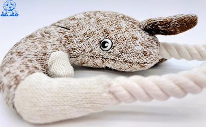 Rustic Knit Horned Tugger Dog Toy - Plush & Rope Tug Toy for Dogs | Knitted Chew Toy with Hemp Rope Loop | Safe Embroidered Eyes | Tug of War Fetch Toy for Small Medium Dogs
